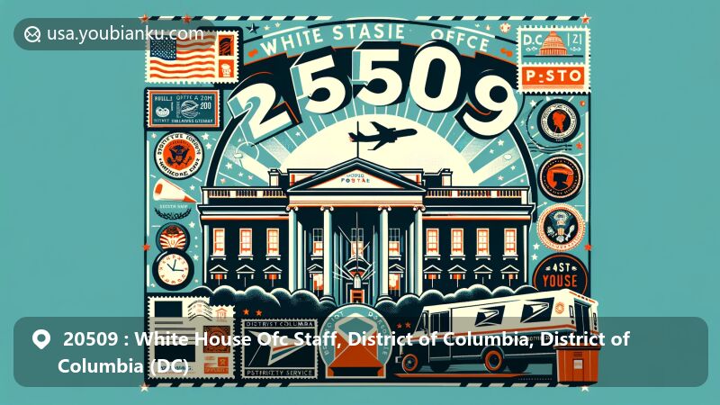 Modern illustration of Washington, DC, ZIP code 20509, showcasing iconic White House silhouette with postal elements like air mail envelope, stamps, and '20509' postal mark.