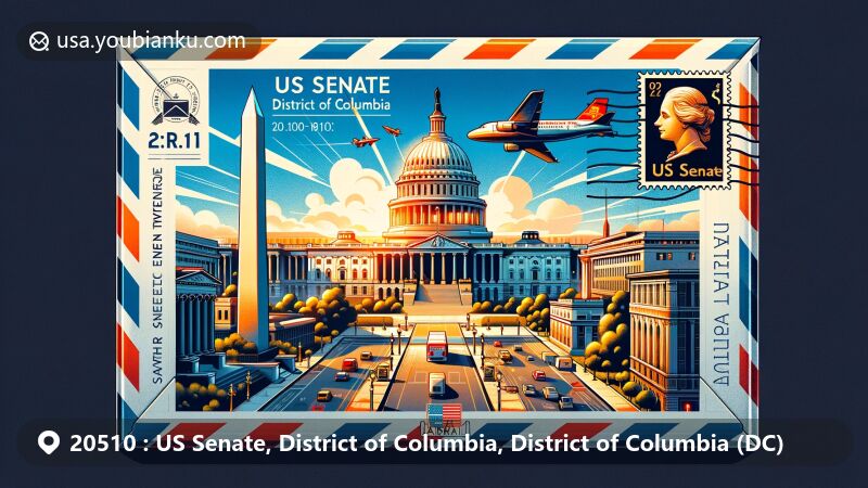 Modern illustration of Washington D.C. landmarks within a postal theme, showcasing the Hart Senate Office Building, Capitol, and Washington Monument, with air mail envelope design.