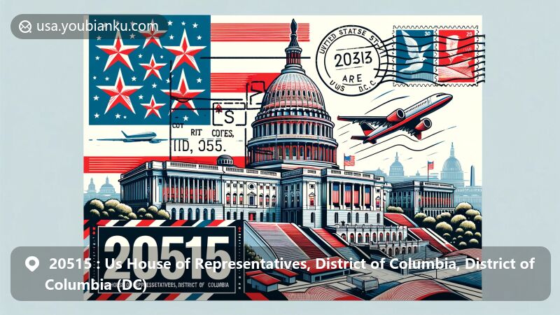 Contemporary illustration of the U.S. Capitol Building in ZIP code 20515, showcasing D.C. flag elements with red stars and bars, along with a modern postal theme including iconic landmarks and airmail envelope.