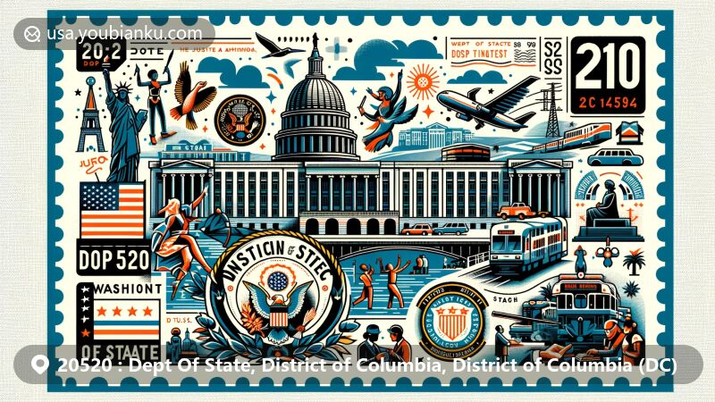 Modern illustration of the ZIP code 20520 area in Washington, D.C., featuring the Department of State and cultural symbols like hand dancing, go-go music, and the D.C. official seal.