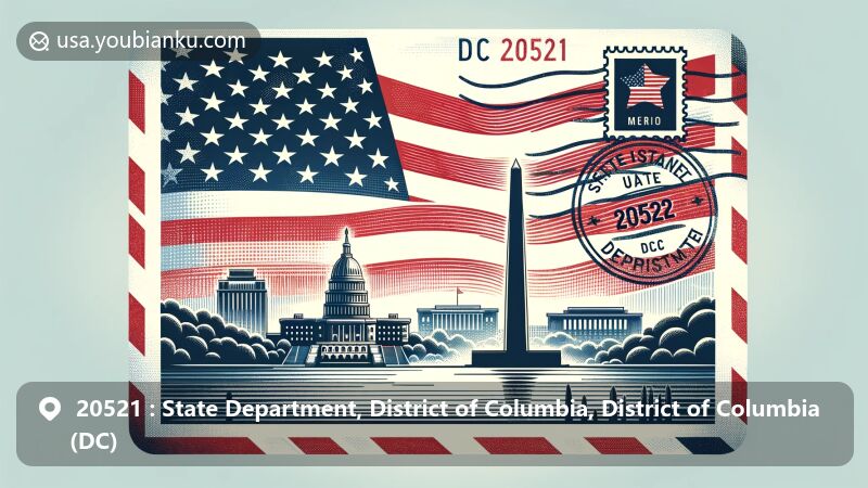 Modern illustration showcasing postal theme with ZIP code 20521 in Washington, D.C., featuring State Department, US flag, Washington Monument, Capitol Building, postmark, and stamp, incorporating US map outline and red, white, and blue colors.
