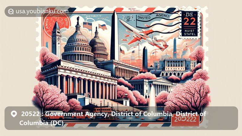 Modern illustration of Washington, D.C., Government District, featuring iconic landmarks such as Lincoln Memorial, Jefferson Memorial, Washington Monument, and Capitol Building, designed as a retro-style postcard or airmail envelope, incorporating postage stamp, postmark, and prominently displayed ZIP code 20522. Cherry blossoms surround the landmarks, symbolizing the National Cherry Blossom Festival of Washington, D.C. The artwork captures the essence of the district's rich history and cultural significance, emphasizing its role as the nation's capital. The seamless integration of postal and regional elements creates a harmonious and visually captivating design, celebrating the uniqueness of the 20522 postal code area.