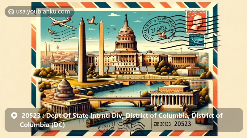 Modern illustration of Washington D.C. showcasing iconic landmarks like the Capitol, Washington Monument, and Lincoln Memorial, in a postal-themed design with ZIP code 20523 and mail elements.