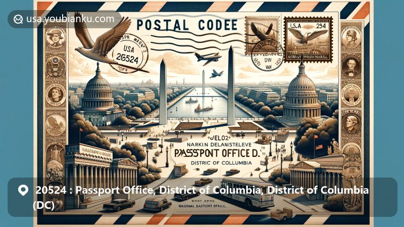 Modern illustration of Passport Office area in District of Columbia, showcasing iconic landmarks of Washington, D.C., in vintage airmail envelope design.