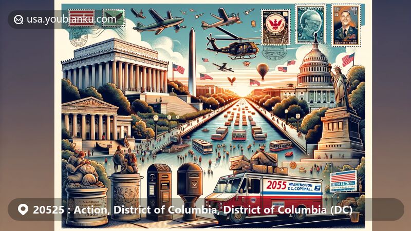 Modern illustration of Washington D.C. area with ZIP code 20525, featuring iconic landmarks like Lincoln Memorial and Library of Congress, postal culture symbols such as airmail envelope and stamps, postmarks, a classic mailbox, and a postal van.