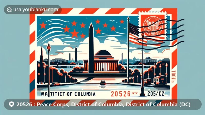 Modern illustration of the Peace Corps area in Washington D.C., showcasing iconic landmarks like the Washington Monument and the Jefferson Memorial, along with the D.C. flag and postal elements. Vibrant and contemporary design with a focus on ZIP code 20526.