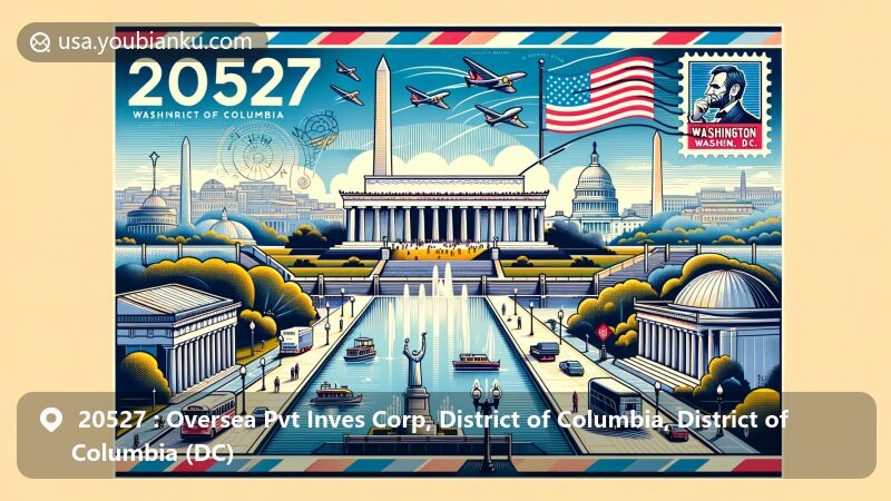 Modern illustration of Washington, D.C. area with ZIP code 20527, featuring iconic landmarks like the Lincoln Memorial and U.S. Capitol, blending historical and modern elements in a vibrant postcard design.