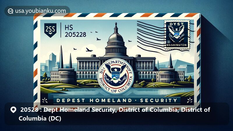 Modern illustration of airmail envelope with Department of Homeland Security emblem and District of Columbia landmarks.