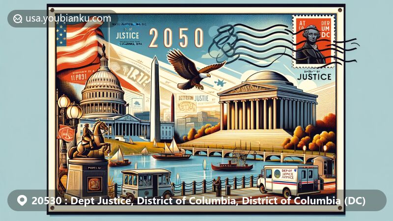Modern illustration of ZIP code 20530 in the Dept of Justice area of Washington, DC, showcasing iconic landmarks like the Jefferson Memorial and Washington Monument, reflecting the city's history and national importance.