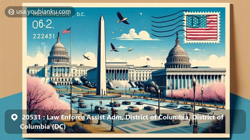 Modern illustration of Washington, D.C. postcard design for ZIP Code 20531, featuring iconic landmarks like the Washington Monument, Library of Congress, and Lincoln Memorial, with U.S. Capitol and White House in the background, showcasing vibrant colors and cherry blossoms.