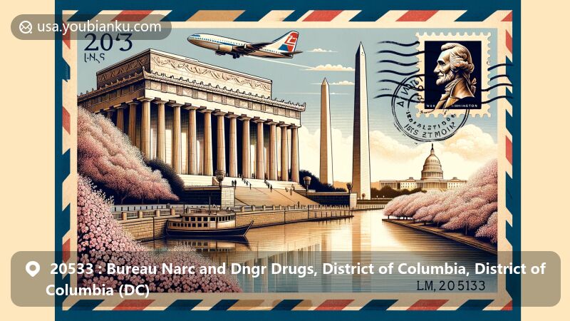 Modern illustration of Washington D.C.'s iconic landmarks and postal themes, featuring Lincoln Memorial, Jefferson Memorial, and Washington Monument integrated into a vintage air mail envelope with cherry blossoms and postal stamp.