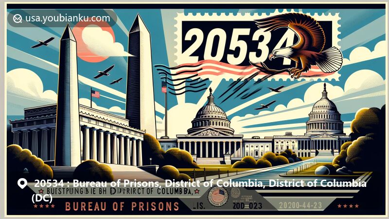 Modern illustration of Washington D.C. with Lincoln Memorial, Washington Monument, and U.S. Capitol building, highlighting ZIP code 20534 and vintage postal elements.