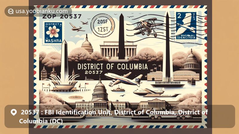 A modern illustration of Washington D.C. for ZIP code 20537, blending postal theme with iconic landmarks like the White House and the Washington Monument.