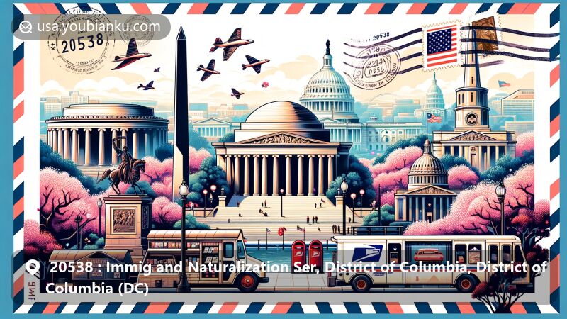 Modern illustration of Washington D.C. landmarks including Jefferson Memorial, National Museum of American History, National Museum of African American History and Culture, Washington National Cathedral, and postal elements like stamps and ZIP Code 20538.