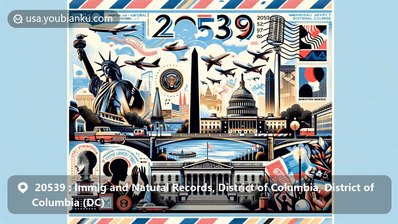 Creative interpretation of ZIP Code 20539 in Washington, D.C., featuring iconic landmarks like the Washington Monument and the White House, along with cultural elements like hand dancing and Go-Go music.