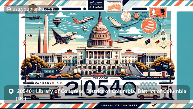 Modern illustration of Washington, D.C. ZIP code 20540 featuring Library of Congress and postal elements like postcard and stamps.