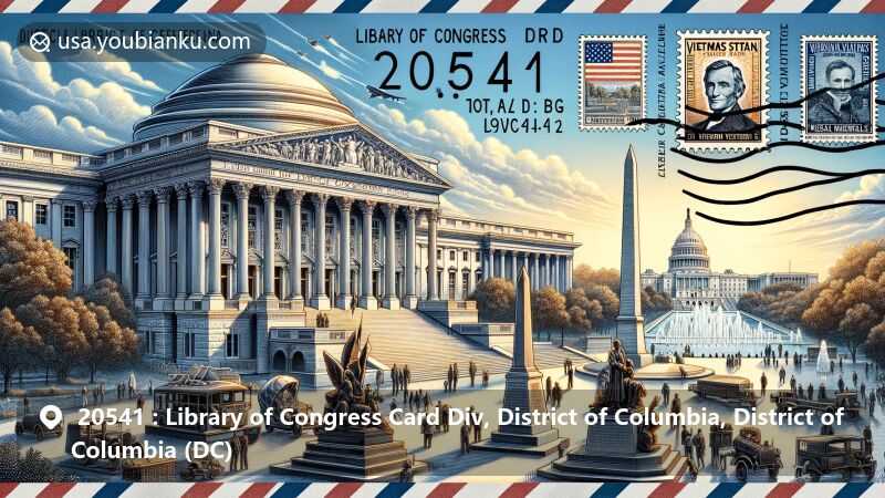 Modern illustration of the Library of Congress and National Mall in Washington, DC, showcasing postal theme with ZIP code 20541, featuring iconic memorials and the U.S. Capitol.
