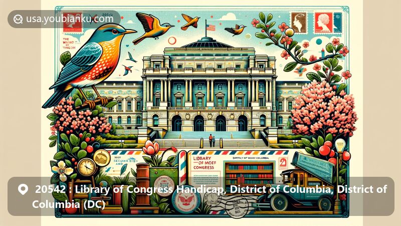 Modern illustration of the Library of Congress in Washington, D.C., combining iconic symbols of D.C. like Wood Thrush, Scarlet Oak, cherry blossoms, vintage air mail envelope, stamps, and a postmark for postal theme with ZIP code 20542.