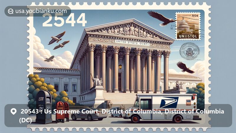 Illustration of the United States ZIP code 20543, featuring the Supreme Court building in Washington, DC, surrounded by postal elements like a vintage stamp, postal truck, mailbox, and envelope, against a clear sky backdrop.