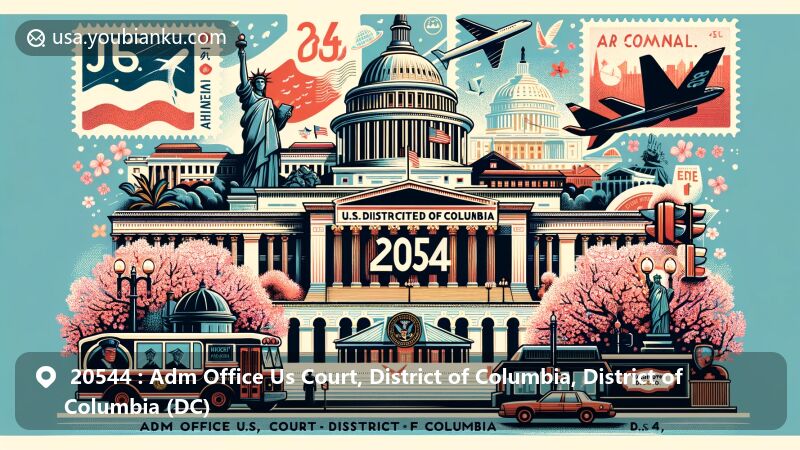 Modern illustration of the U.S. District Court for the District of Columbia at 333 Constitution Avenue N.W., Washington D.C., incorporating symbolic elements like the Capitol, cherry blossoms, and postal features with ZIP Code 20544.