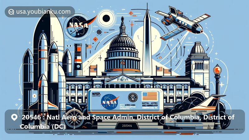 Modern illustration of NASA headquarters area in Washington, DC, featuring space exploration elements like rockets and satellites, alongside iconic landmarks like the Capitol Building and Lincoln Memorial, with postal theme including airmail envelope and stamps.