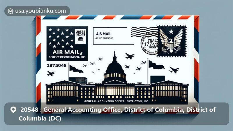 Modern illustration of the U.S. Government Accountability Office headquarters in Washington, D.C., with American flag silhouette on air mail envelope marked with ZIP code 20548 and postal elements like stamp and postmark.