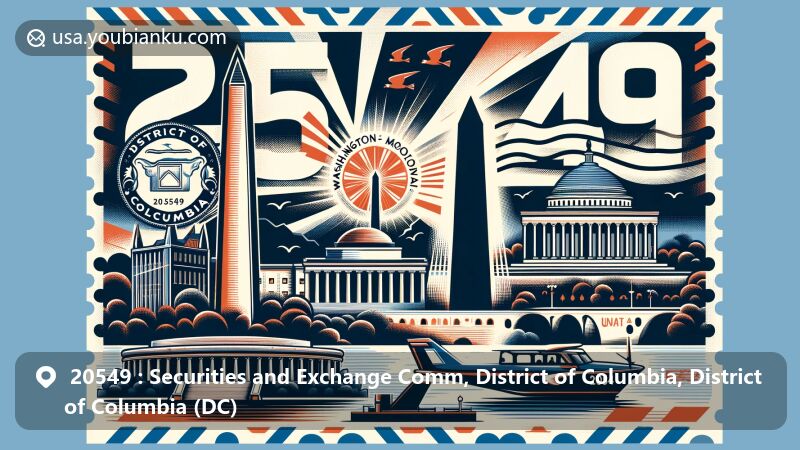Modern illustration of Washington, D.C., showcasing ZIP code 20549 with Washington Monument and Jefferson Memorial, featuring postal elements like vintage air mail envelope and postage stamp.
