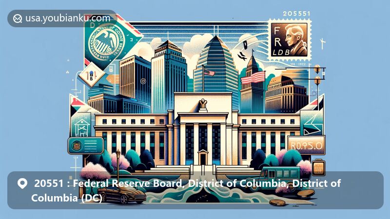 Modern illustration of the Federal Reserve Board building in Washington, D.C., featuring airmail envelope design with D.C. flag, cherry blossoms, and postal stamp displaying ZIP code 20551.