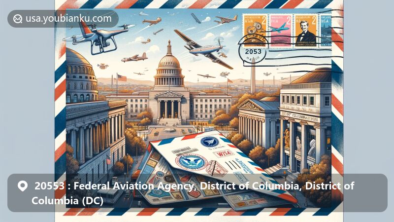 Illustration of the Federal Aviation Agency in Washington D.C., featuring aviation and postal themes, including landmarks like the Smithsonian Institution's Arts and Industries Building, Blair House, and the Carnegie Endowment for International Peace.