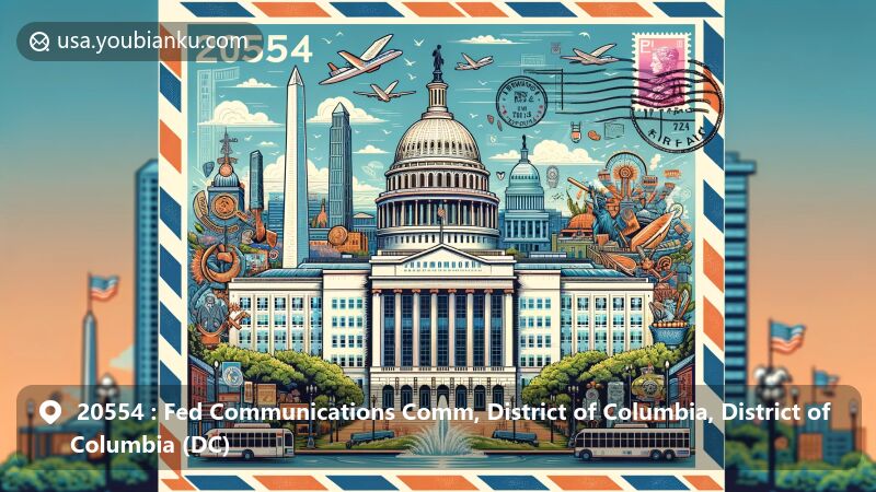 Modern illustration of FCC headquarters in Washington, DC, blending cultural heritage and postal theme with iconic landmarks and ZIP code 20554.