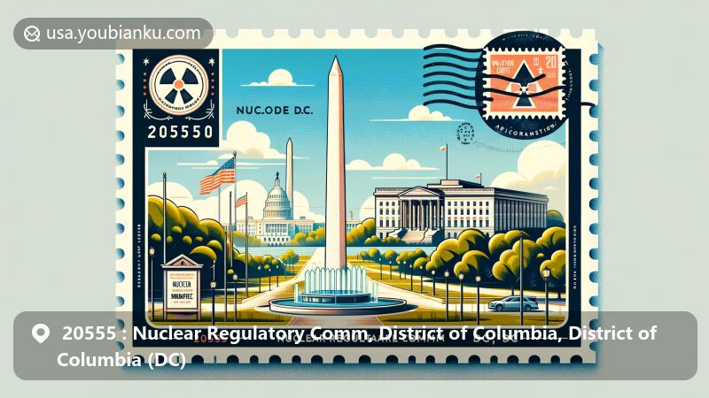 Modern illustration of Washington D.C. featuring Washington Monument and the White House, combined with postal elements of ZIP Code 20555, decorative borders like vintage stamps, and postmarks. Design showcases nuclear regulatory theme and postal heritage.