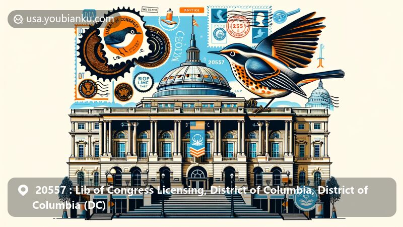 Modern illustration of the Library of Congress building in Washington D.C., with District of Columbia symbols and postal elements, including the official bird, Wood Thrush, stamps, postmarks, and ZIP Code 20557.