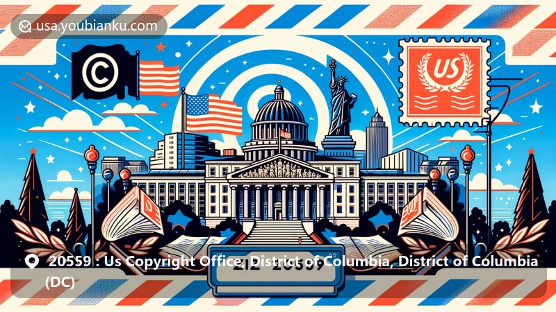 Modern illustration of the U.S. Copyright Office in Washington D.C., featuring copyright symbols like © and books, Library of Congress, and U.S. flag in a postcard design for ZIP code 20559.