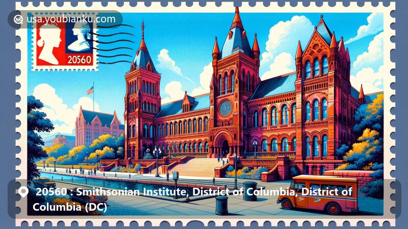 Modern illustration of Smithsonian Castle in Washington, D.C., featuring ZIP code 20560, showcasing Gothic Revival style and red sandstone construction, along with classic American postal elements.