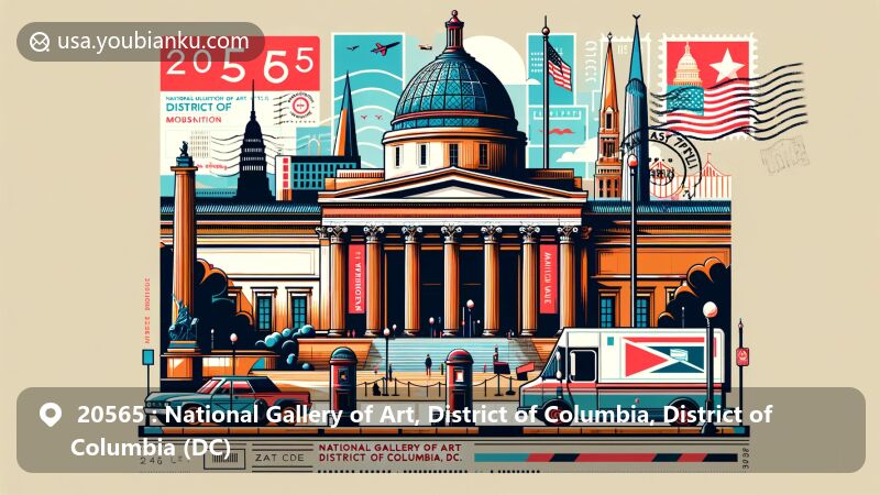 Creative depiction of the National Gallery of Art in Washington D.C., featuring iconic architecture and cultural symbols in a postcard-style layout with postal theme.