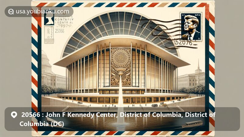 Modern illustration of the John F. Kennedy Center for the Performing Arts in Washington, D.C., featuring postal theme with ZIP code 20566, showcasing marble facade, crystal chandeliers, and bronze bust of JFK.