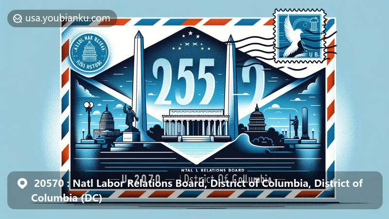 Modern illustration of Washington, D.C., highlighting airmail envelope with ZIP code 20570, featuring Lincoln Memorial, U.S. Capitol, Washington Monument, and Jefferson Memorial.