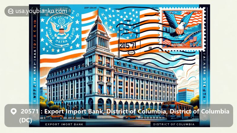 Modern illustration of Lafayette Building in Washington, D.C., featuring postcard design with American flag and ZIP code 20571, stamp with DC abbreviation, and 20571 postmark.