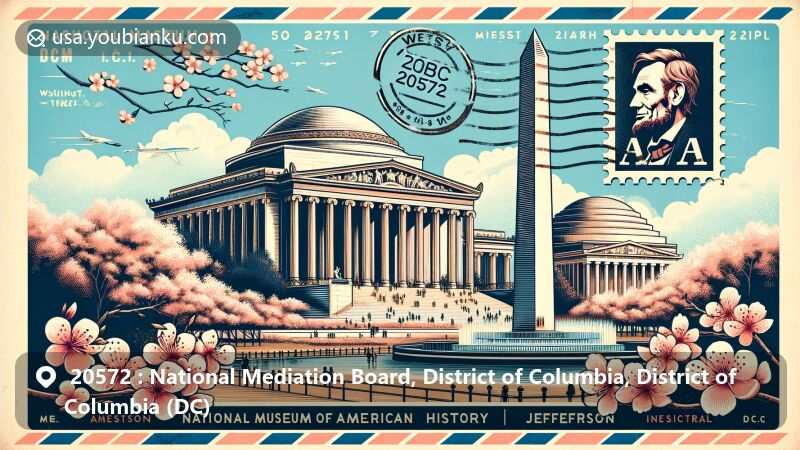 Modern illustration of Washington, D.C., with iconic landmarks including the National Museum of American History, the Jefferson Memorial, and the Lincoln Memorial in a vintage-style postcard layout with a postal theme and ZIP code 20572.