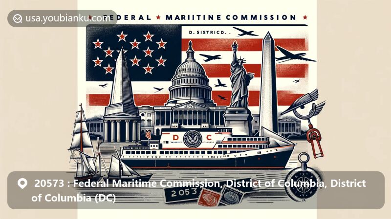 Modern illustration of the Federal Maritime Commission area in Washington, D.C., featuring iconic landmarks like the Washington Monument and the U.S. Capitol, along with the D.C. flag and postal elements representing ZIP code 20573.