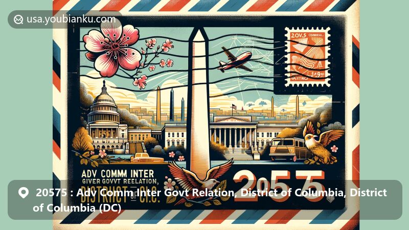 Modern illustration of ZIP code 20575 in the District of Columbia, featuring vintage airmail envelope with iconic landmarks like Washington Monument, White House, and Capitol. Includes symbolic stamp with cherry blossoms and map outline of D.C.