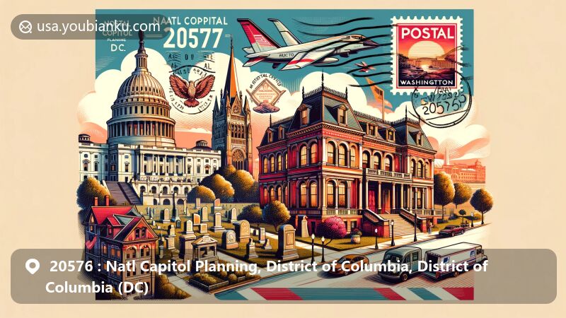 Modern illustration of Natl Capitol Planning area, Washington, D.C., featuring iconic landmarks and postal elements like Blair House, Congressional Cemetery, and Corcoran Gallery and School of Art, symbolizing rich cultural and political history.
