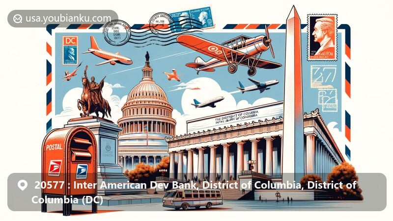 Modern illustration of Washington, D.C. with iconic landmarks like the Lincoln Memorial, Washington Monument, and Library of Congress, featuring postal elements such as a vintage airmail envelope with stamps and postmark for ZIP code 20577, and a classic red mailbox.