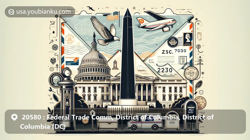 Modern illustration of Washington Monument and White House in Washington D.C., with airmail envelope featuring postal elements and ZIP Code 20580, alongside mailbox and postal van in foreground.