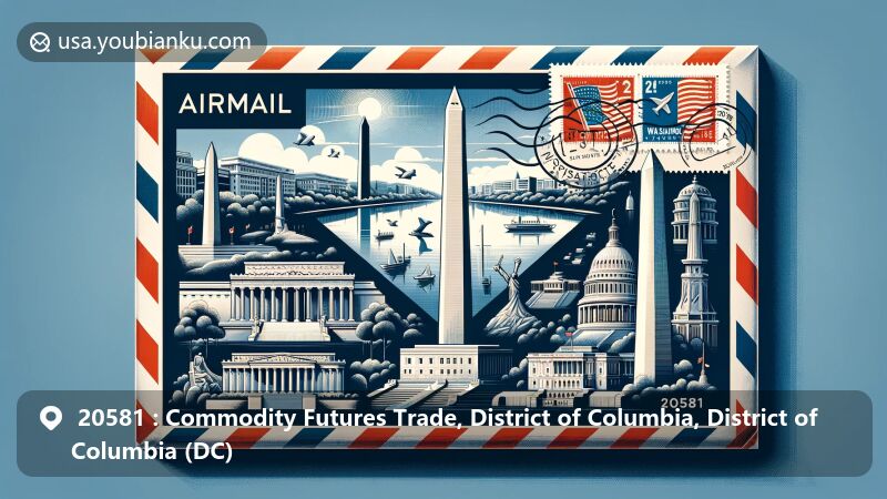 Modern illustration of iconic landmarks of Washington, D.C. on an airmail envelope with postal stamp and postmark.