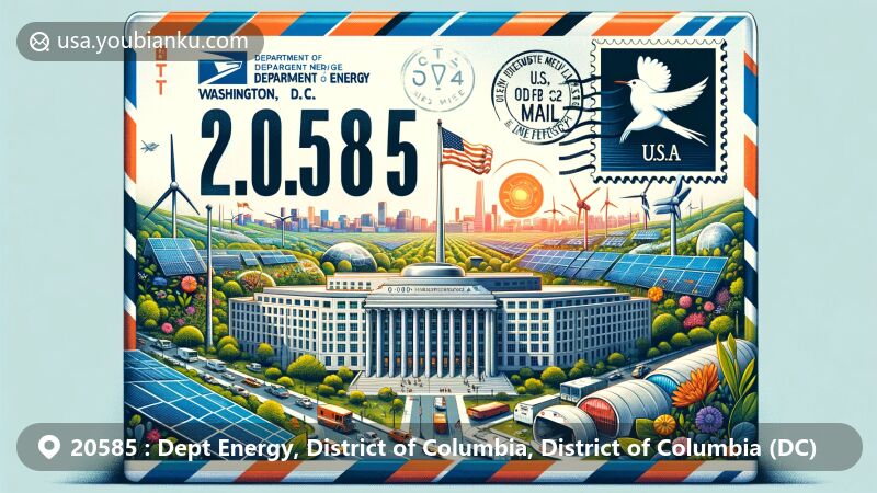 Modern illustration of Washington, D.C., highlighting ZIP code 20585 and U.S. Department of Energy headquarters, integrating urban landscape with clean energy themes. Features solar panels, wind turbines, vintage air mail elements, and D.C. flag.