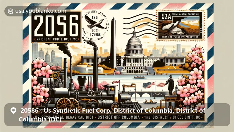 Modern illustration of the US Synthetic Fuel Corporation in District of Columbia, DC, highlighting ZIP code 20586, featuring landmarks like the Capitol Building, Washington Monument, and cherry blossoms.