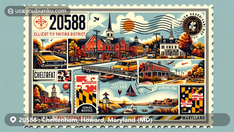 Vintage-style illustration of ZIP code 20588, highlighting Ellicott City Historic District's historical architecture and Maryland state symbols.