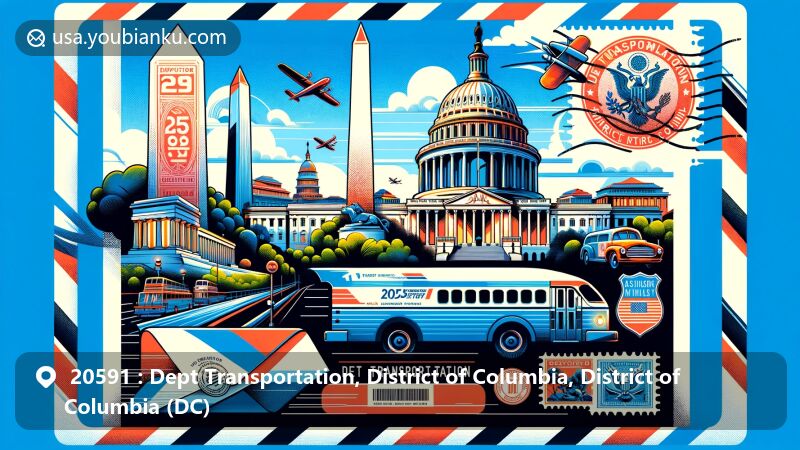Modern illustration of Washington D.C., highlighting the Department of Transportation and iconic landmarks like the Jefferson Memorial, the Washington Monument, and the U.S. Capitol, with postal elements including an air mail envelope, a vintage postal stamp, and a postmark.