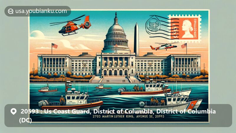 Modern illustration of the U.S. Coast Guard headquarters in Washington, D.C., showcasing maritime and rescue missions with Coast Guard boats and helicopters in action, against the backdrop of iconic D.C. landmarks like the Capitol Building and Washington Monument.